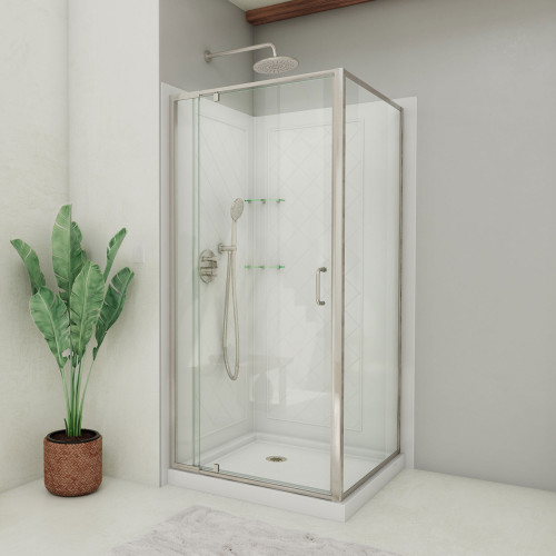 DreamLine Flex 36 in. D x 36 in. W x 76 3/4 in. H Semi-Frameless Shower Enclosure in Brushed Nickel with White Base and Backwalls