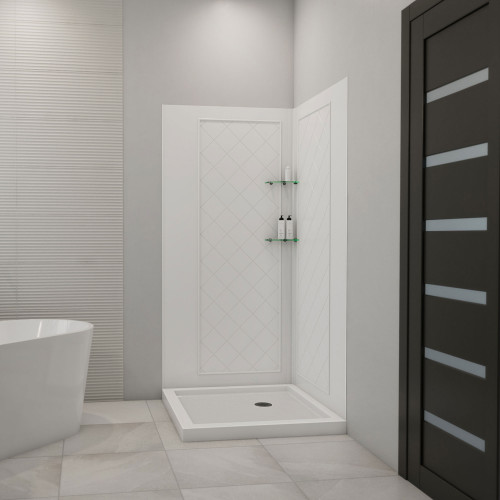 DreamLine 36 in. D x 36 in. W x 76 3/4 in. H SlimLine Double Threshold Corner Drain Base and Acrylic Backwall Kit in White