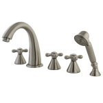 Kingston Brass Three Handle Roman Tub Filler Faucet with Hand Shower - Brushed Nickel KS23685AX