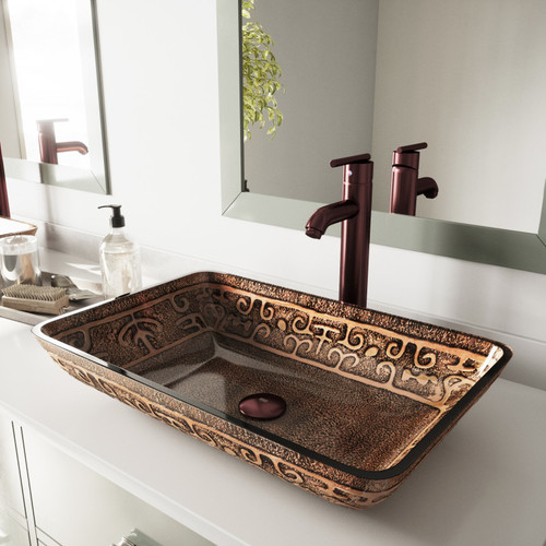 VIGO VGT284 Rectangular Golden Greek Glass Vessel Bathroom Sink Set With Seville Vessel Faucet In Oil Rubbed Bronze