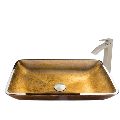 VIGO VGT513 Rectangular Copper Glass Vessel Bathroom Sink Set With Duris Vessel Faucet In Brushed Nickel