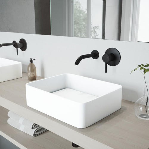 Vigo Jasmine Matte Stone Vessel Bathroom Sink Set With Olus Wall Mount Faucet In Matte Black - 15 5/8 inch