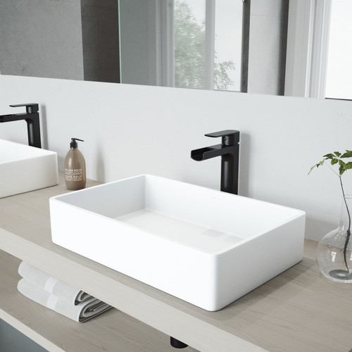 Vigo Magnolia Matte Stone Vessel Bathroom Sink Set With Amada Faucet In Matte Black - 21 1/4 x 13 7/8 inches