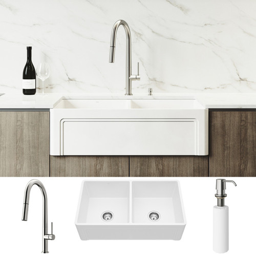 Vigo VG15802 All-In-One 33" Casement Front Matte Stone Double Bowl Farmhouse Apron Kitchen Sink Set With Greenwich Faucet In Stainless Steel, Two Strainers And Soap Dispenser