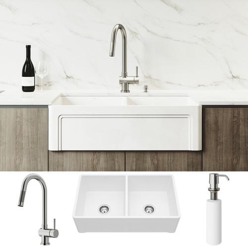 Vigo VG15804 All-In-One 33" Casement Front Matte Stone Double Bowl Farmhouse Apron Kitchen Sink Set With Gramercy Faucet In Stainless Steel, Two Strainers And Soap Dispenser