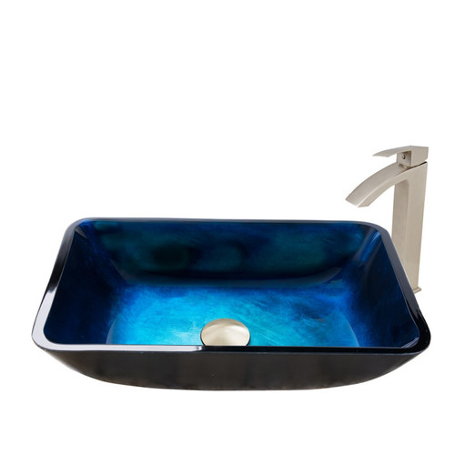 Vigo VGT795 Rectangular Turquoise Water Glass Vessel Bathroom Sink Set With Duris Vessel Faucet In Brushed Nickel - 18 1/8 inch