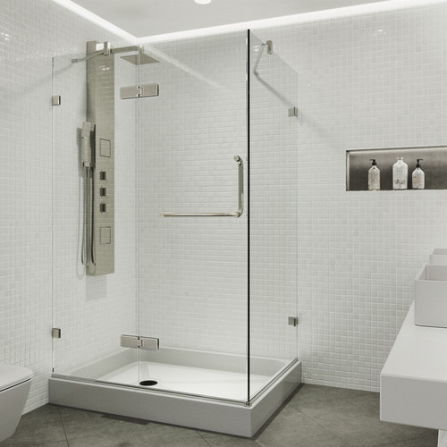 Vigo 32 in. L x 48 in. W x 79 in. H Monteray Frameless Shower Enclosure With Left Drain Base and with Brushed Nickel Hardware