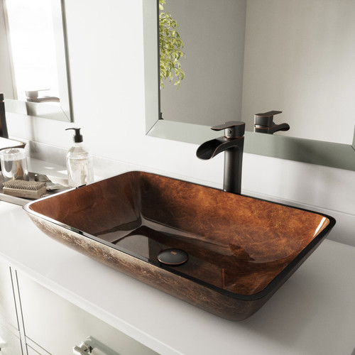 Vigo VGT1055 22" Rectangular Russet Glass Vessel Bathroom Sink Set Niko Vessel Faucet In With Antique Rubbed Bronze