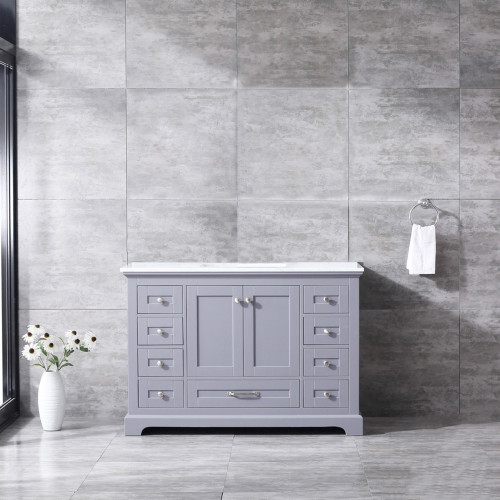 Lexora Dukes 48 Inch Dark Grey Single Vanity, White Carrara Marble Top, White Square Sink and no Mirror