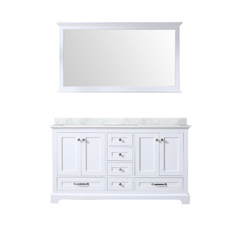 Lexora Dukes 60 Inch White Double Vanity Cabinet, White Carrara Marble Top, White Square Sinks and 58 Inch Mirror