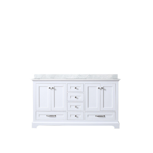 Lexora Dukes 60 Inch White Double Vanity Cabinet, White Carrara Marble Top, White Square Sinks and no Mirror