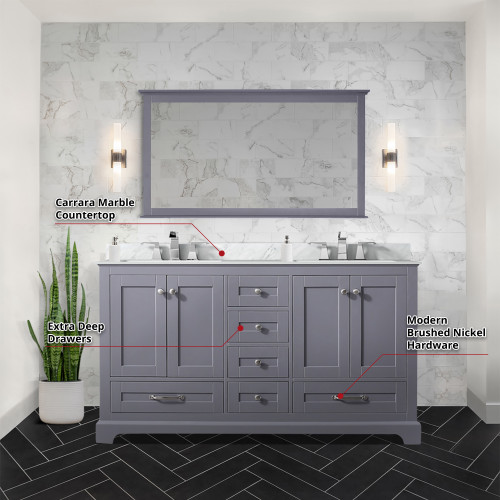 Lexora Dukes 60 Inch Dark Grey Double Vanity Cabinet, White Carrara Marble Top, White Square Sinks and 58 Inch Mirror