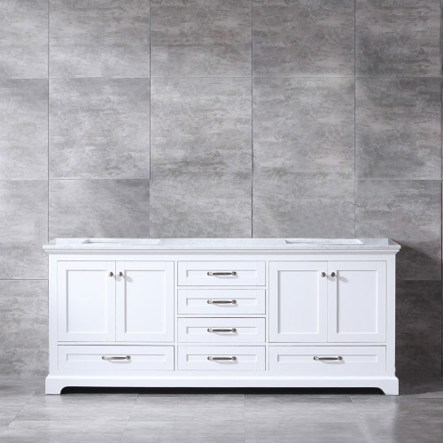 Lexora Dukes 80 Inch White Double Vanity, White Carrara Marble Top, White Square Sinks and no Mirror