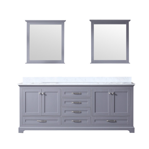 Lexora Dukes 80 Inch Dark Grey Double Vanity Cabinet, White Carrara Marble Top, White Square Sinks and 30 Inch Mirrors