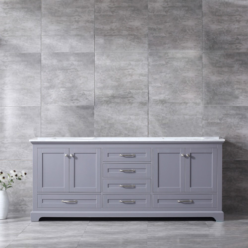 Lexora Dukes 80 Inch Dark Grey Double Vanity, White Carrara Marble Top, White Square Sinks and no Mirror