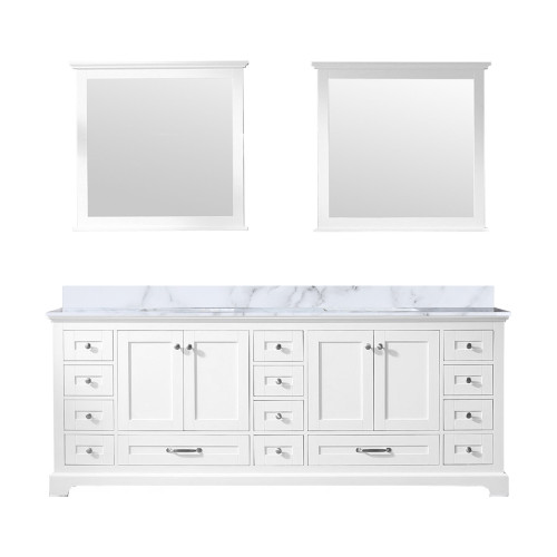 Lexora Dukes 84 Inch White Double Vanity Cabinet, White Carrara Marble Top, White Square Sinks and 34 Inch Mirrors