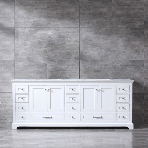 Lexora Dukes 84 Inch White Double Vanity, White Carrara Marble Top, White Square Sinks and no Mirror