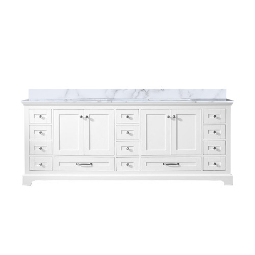 Lexora Dukes 84 Inch White Double Vanity Cabinet, White Carrara Marble Top, White Square Sinks and no Mirror