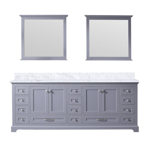 Lexora Dukes 84 Inch Dark Grey Double Vanity Cabinet, White Carrara Marble Top, White Square Sinks and 34 Inch Mirrors