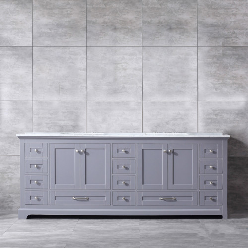 Lexora Dukes 84 Inch Dark Grey Double Vanity, White Carrara Marble Top, White Square Sinks and no Mirror