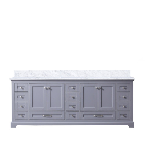 Lexora Dukes 84 Inch Dark Grey Double Vanity Cabinet, White Carrara Marble Top, White Square Sinks and no Mirror