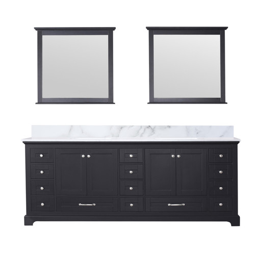 Lexora Dukes 84 Inch Espresso Double Vanity Cabinet, White Carrara Marble Top, White Square Sinks and 34 Inch Mirrors