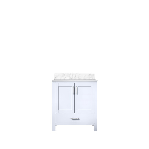 Lexora Jacques 30 Inch White Single Vanity Cabinet, White Carrara Marble Top, White Square Sink and no Mirror