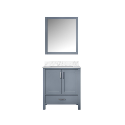 Lexora Jacques 30 Inch Dark Grey Single Vanity Cabinet, White Carrara Marble Top, White Square Sink and 28 Inch Mirror