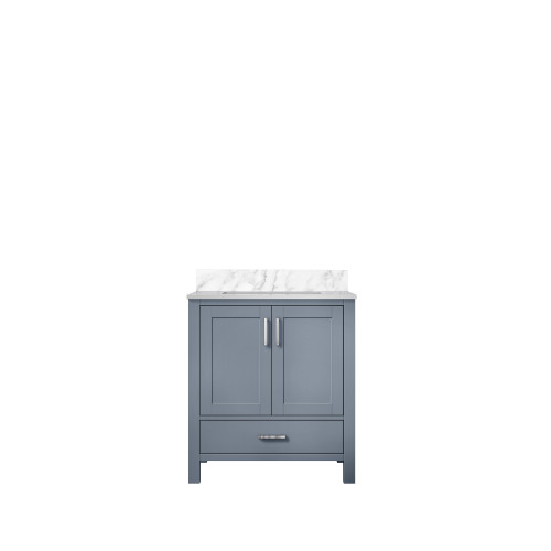 Lexora Jacques 30 Inch Dark Grey Single Vanity Cabinet, White Carrara Marble Top, White Square Sink and no Mirror