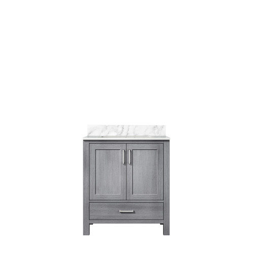 Lexora Jacques 30 Inch Distressed Grey Single Vanity Cabinet, White Carrara Marble Top, White Square Sink and no Mirror