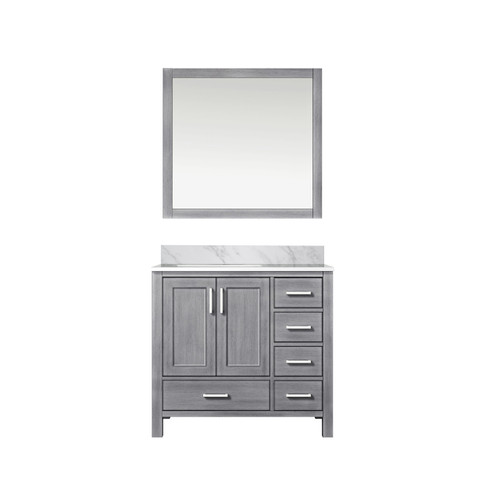 Lexora Jacques 36 Inch Distressed Grey Single Vanity Cabinet, White Carrara Marble Top, White Square Sink and 34 Inch Mirror - Left Version