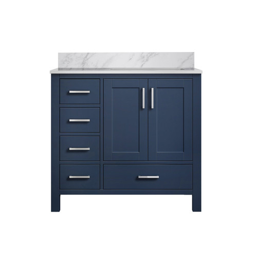 Lexora Jacques 36 Inch Navy Blue Single Vanity Cabinet, White Carrara Marble Top, White Square Sink and no Mirror - Right Version