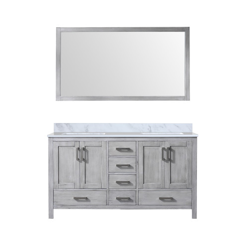 Lexora Jacques 60 Inch Distressed Grey Double Vanity Cabinet, White Carrara Marble Top, White Square Sinks and 58 Inch Mirror