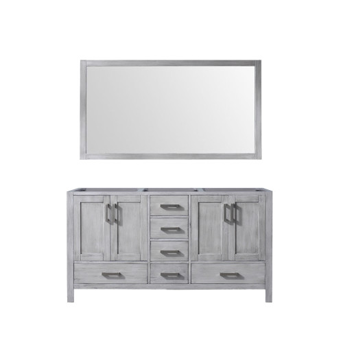 Lexora Jacques 60 Inch Distressed Grey Double Vanity Cabinet, no Top and 58 Inch Mirror