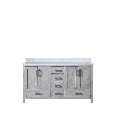 Lexora Jacques 60 Inch Distressed Grey Double Vanity Cabinet, White Carrara Marble Top, White Square Sinks and no Mirror