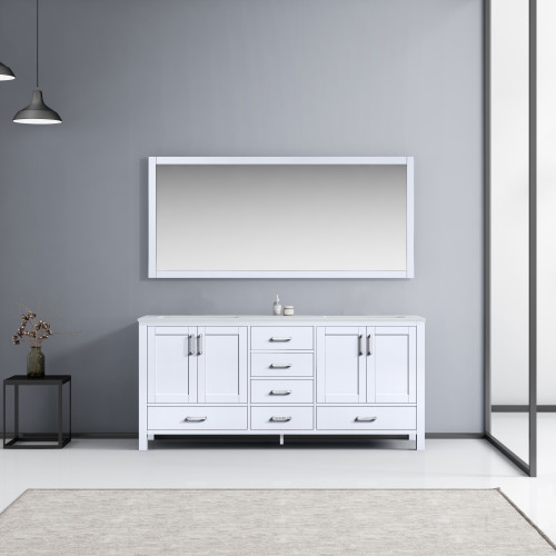 Lexora Jacques 72 Inch White Double Vanity, White Carrara Marble Top, White Square Sinks and 70 Inch Mirror