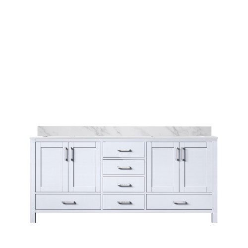 Lexora Jacques 72 Inch White Double Vanity Cabinet, White Carrara Marble Top, White Square Sinks and no Mirror