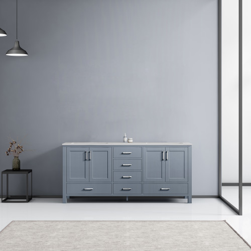 Lexora Jacques 72 Inch Dark Grey Double Vanity, White Carrara Marble Top, White Square Sinks and no Mirror