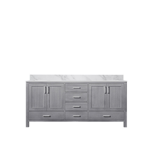 Lexora Jacques 72 Inch Distressed Grey Double Vanity Cabinet, White Carrara Marble Top, White Square Sinks and no Mirror