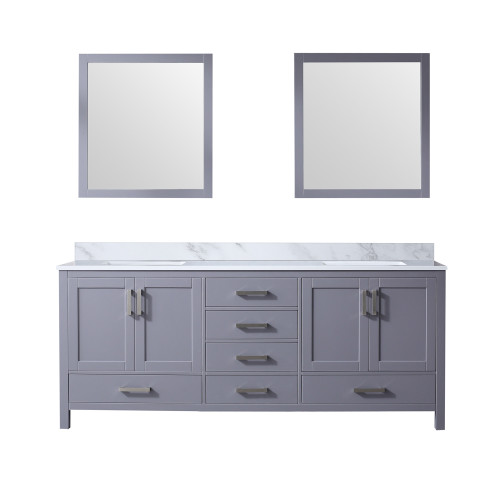 Lexora Jacques 80 Inch Dark Grey Double Vanity Cabinet, White Carrara Marble Top, White Square Sinks and 30 Inch Mirrors