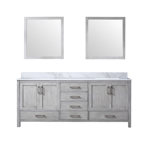 Lexora Jacques 80 Inch Distressed Grey Double Vanity Cabinet, White Carrara Marble Top, White Square Sinks and 30 Inch Mirrors