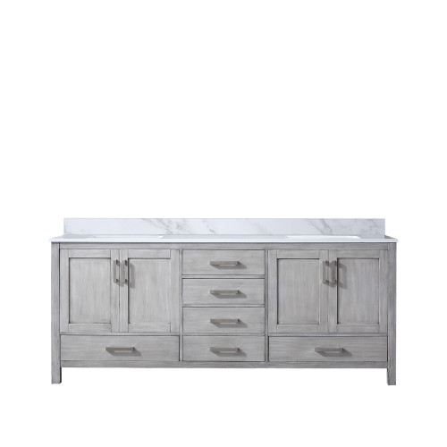 Lexora Jacques 80 Inch Distressed Grey Double Vanity Cabinet, White Carrara Marble Top, White Square Sinks and no Mirror
