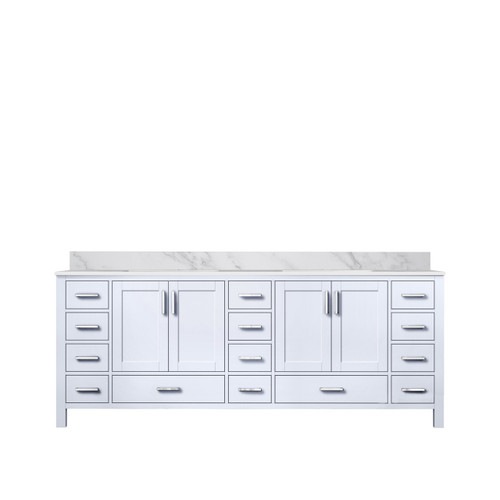 Lexora Jacques 84 Inch White Double Vanity Cabinet, White Carrara Marble Top, White Square Sinks and no Mirror