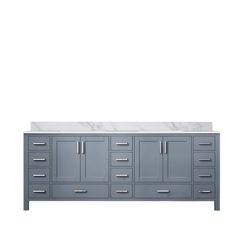 Lexora Jacques 84 Inch Dark Grey Double Vanity Cabinet, White Carrara Marble Top, White Square Sinks and no Mirror