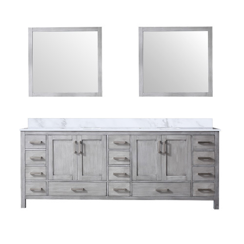 Lexora Jacques 84 Inch Distressed Grey Double Vanity Cabinet, White Carrara Marble Top, White Square Sinks and 34 Inch Mirrors