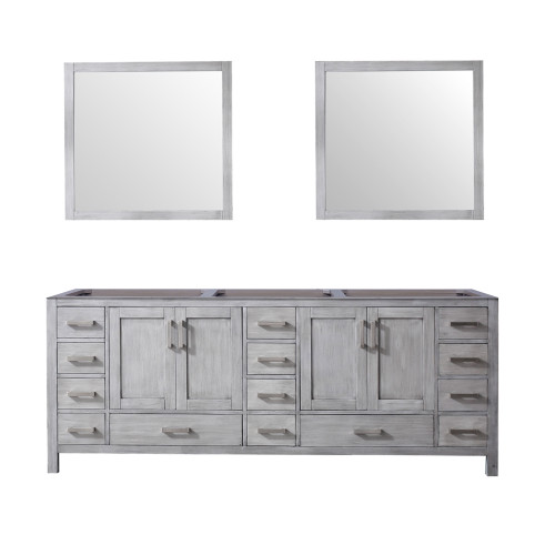 Lexora Jacques 84 Inch Distressed Grey Double Vanity Cabinet, no Top and 34 Inch Mirrors