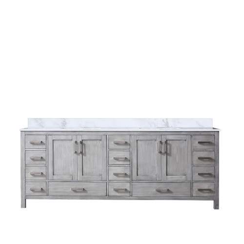 Lexora Jacques 84 Inch Distressed Grey Double Vanity Cabinet, White Carrara Marble Top, White Square Sinks and no Mirror