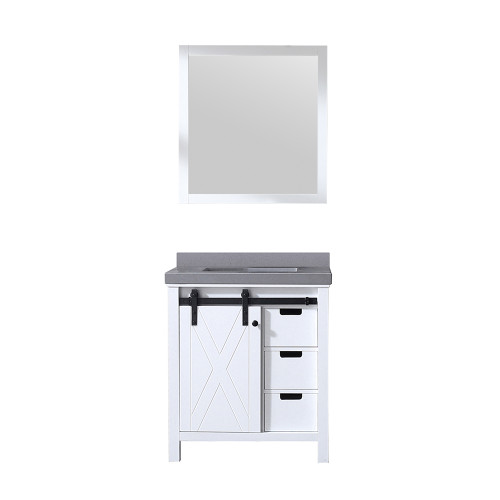 Lexora Marsyas 30 Inch White Single Vanity Cabinet, Grey Quartz Top, White Square Sink and 28 Inch Mirror