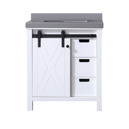 Lexora Marsyas 30 Inch White Single Vanity Cabinet, Grey Quartz Top, White Square Sink and no Mirror