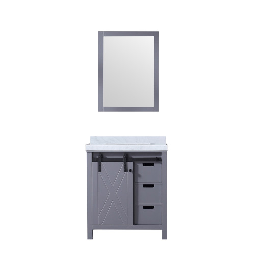Lexora Marsyas 30 Inch Dark Grey Single Vanity Cabinet, White Carrara Marble Top, White Square Sink and 28 Inch Mirror